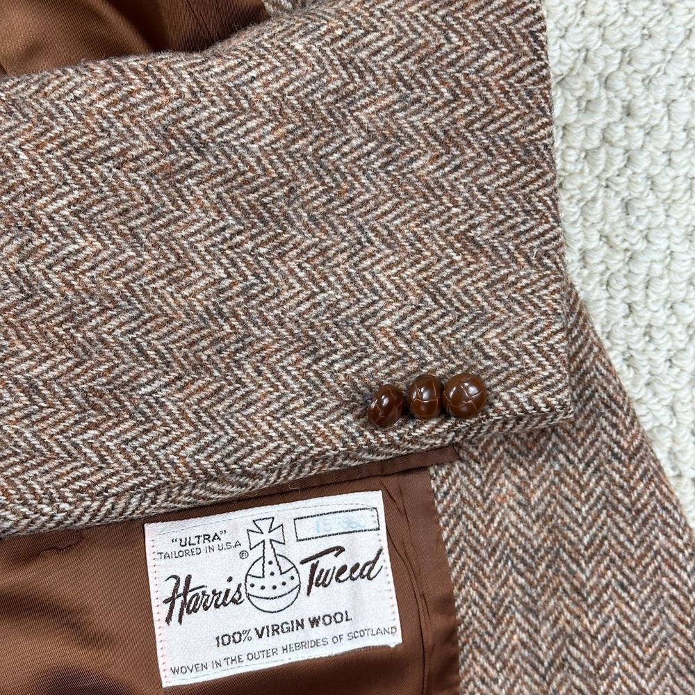Harris Tweed Blazer Mens 43L Brown Herringbone 100% Virgin Wool Sports Coat USA